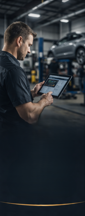 Collision repair technician reviewing work on tablet — OCRA member benefits