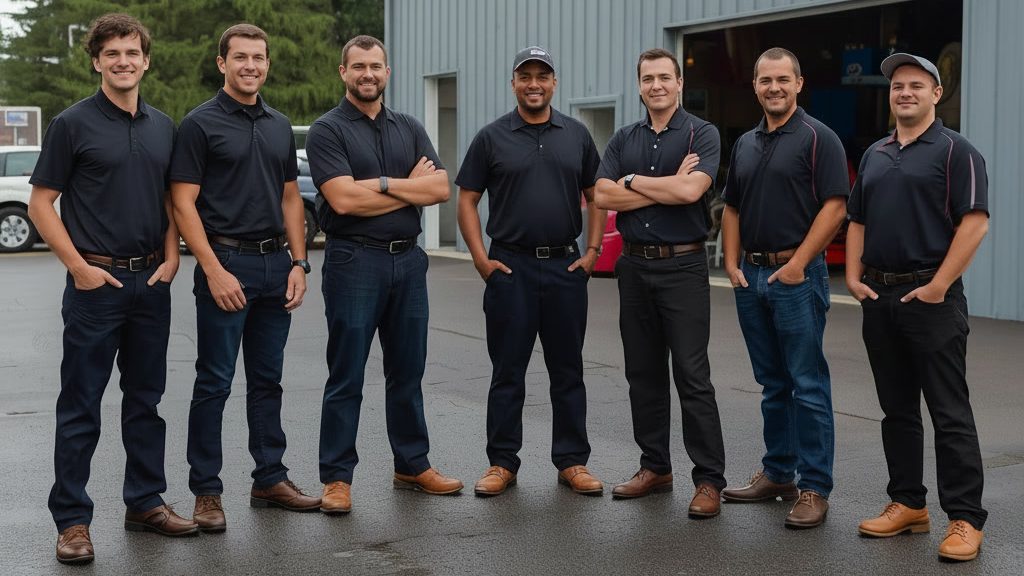 Oregon collision repair shop owners standing together outside an auto body shop.