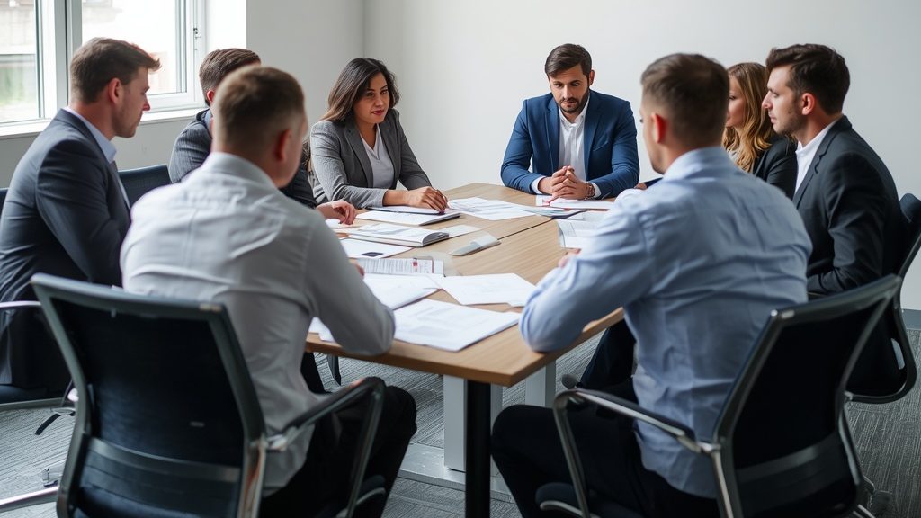 OCRA board members meeting around a conference table reviewing documents.