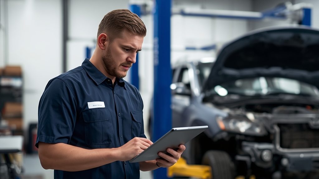 Collision repair technician reviewing a repair plan on a tablet in an Oregon body shop.